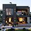 Modern dark-clad house exterior at dusk