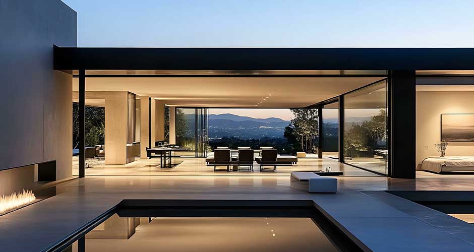 Open-plan living room with full-height glazing overlooking a pool