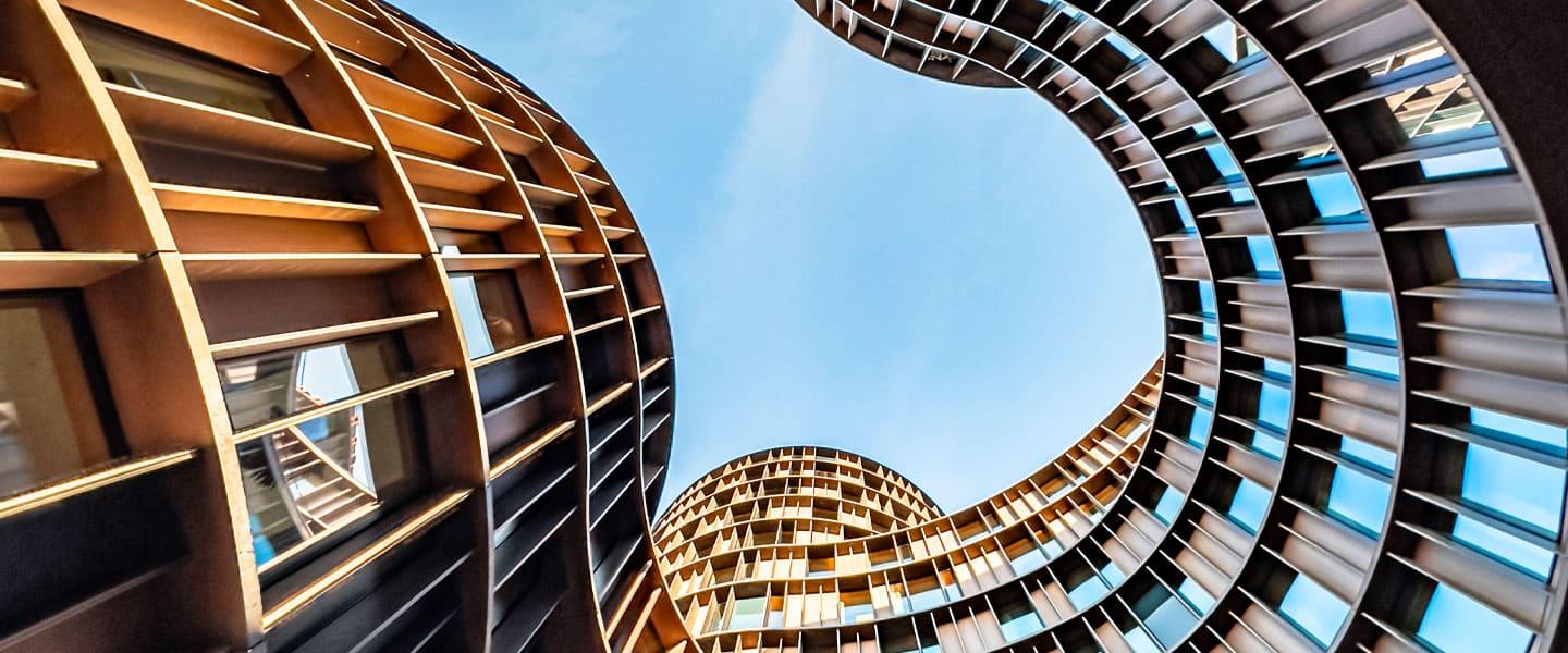 Upward view of a circular building interior