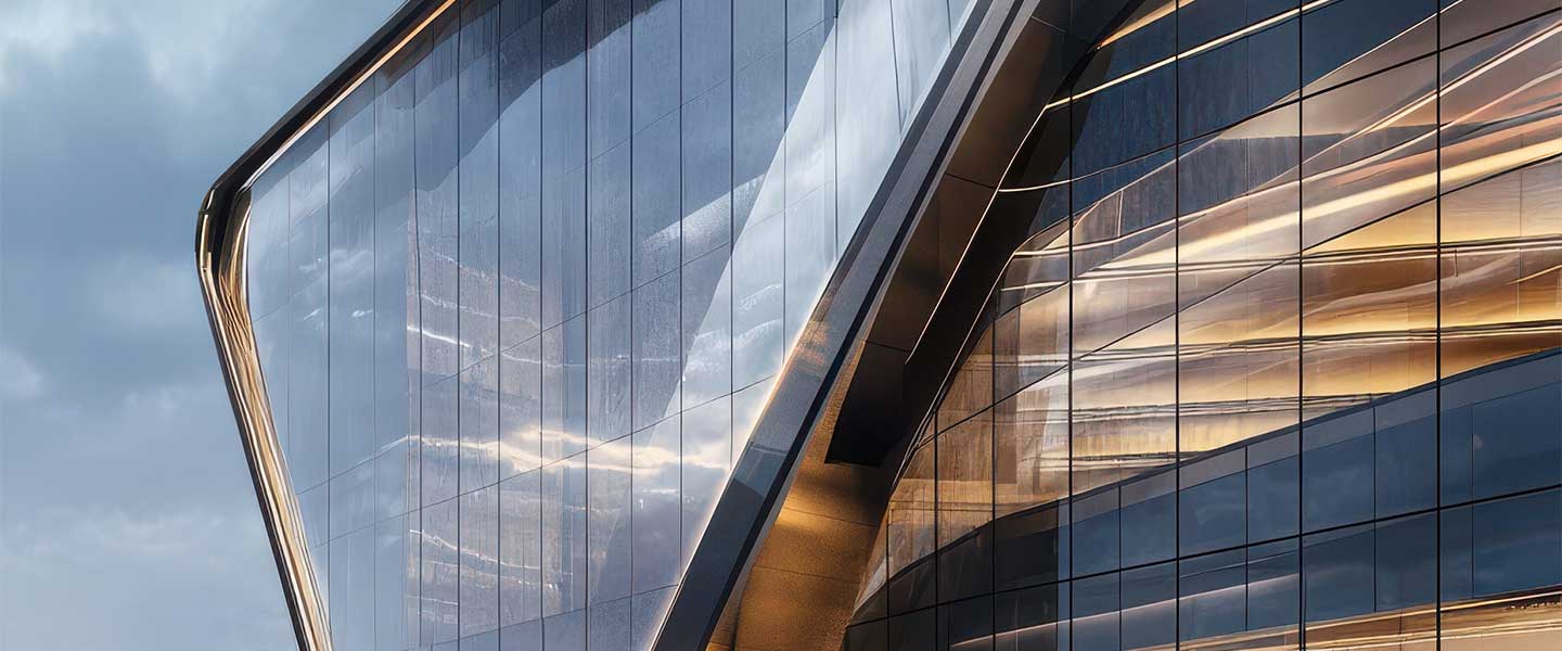 Glass curtain wall facade of a commercial building