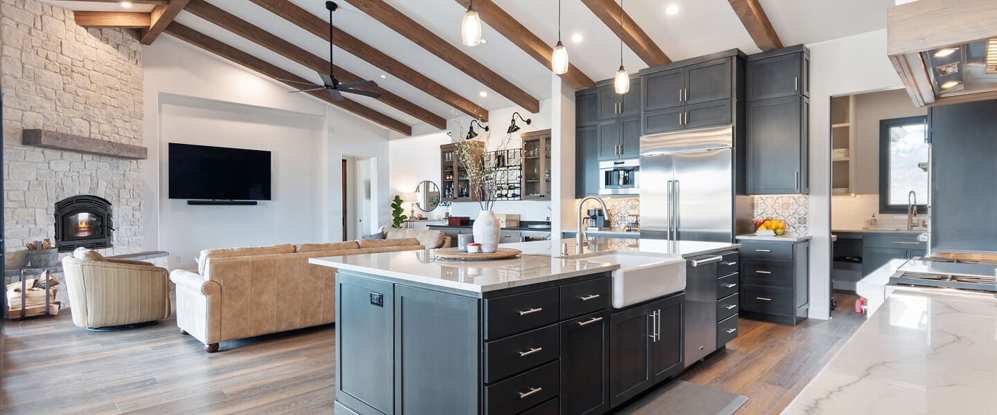 Kitchen interior with exposed timber ceiling beams