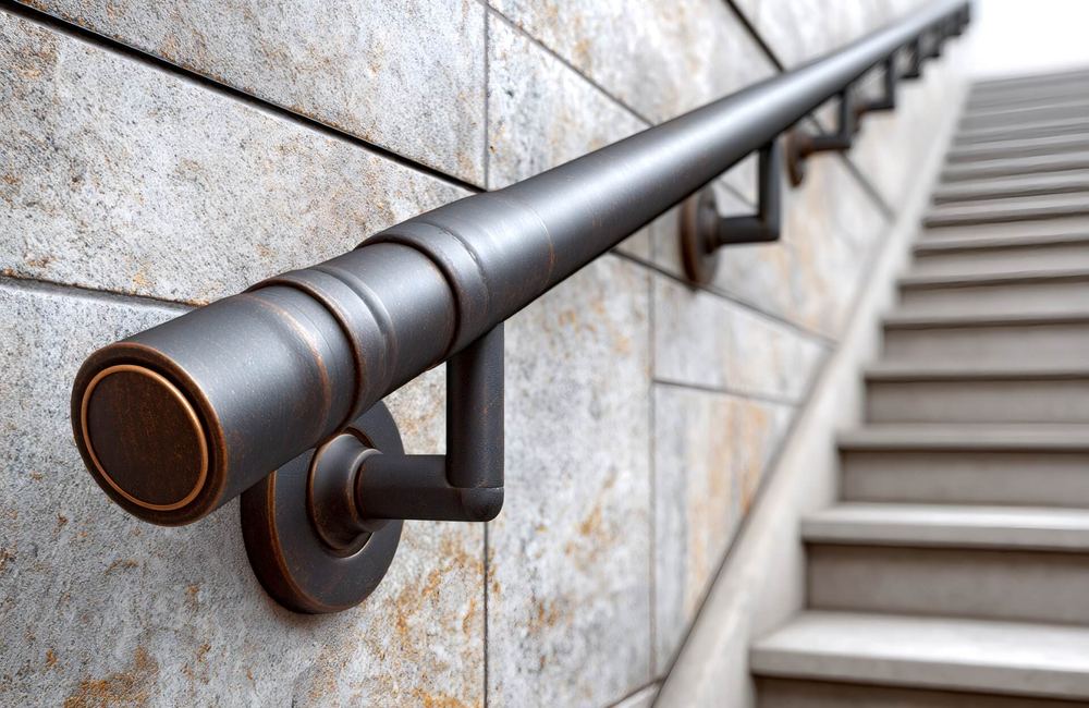 Metal handrail along stone stairs, a building code compliance condition