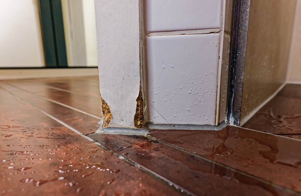 Water on a tile floor with a swollen door panel from moisture intrusion