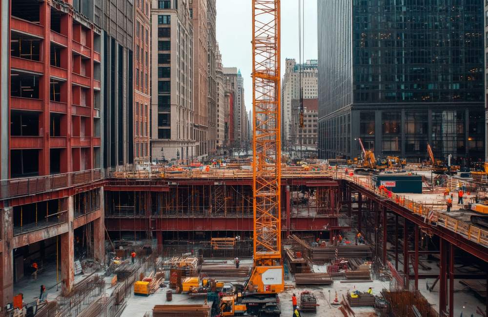Downtown Chicago construction site with a crane and workers