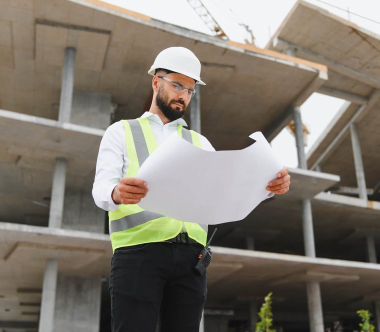 Construction professional reviewing blueprints on a job site