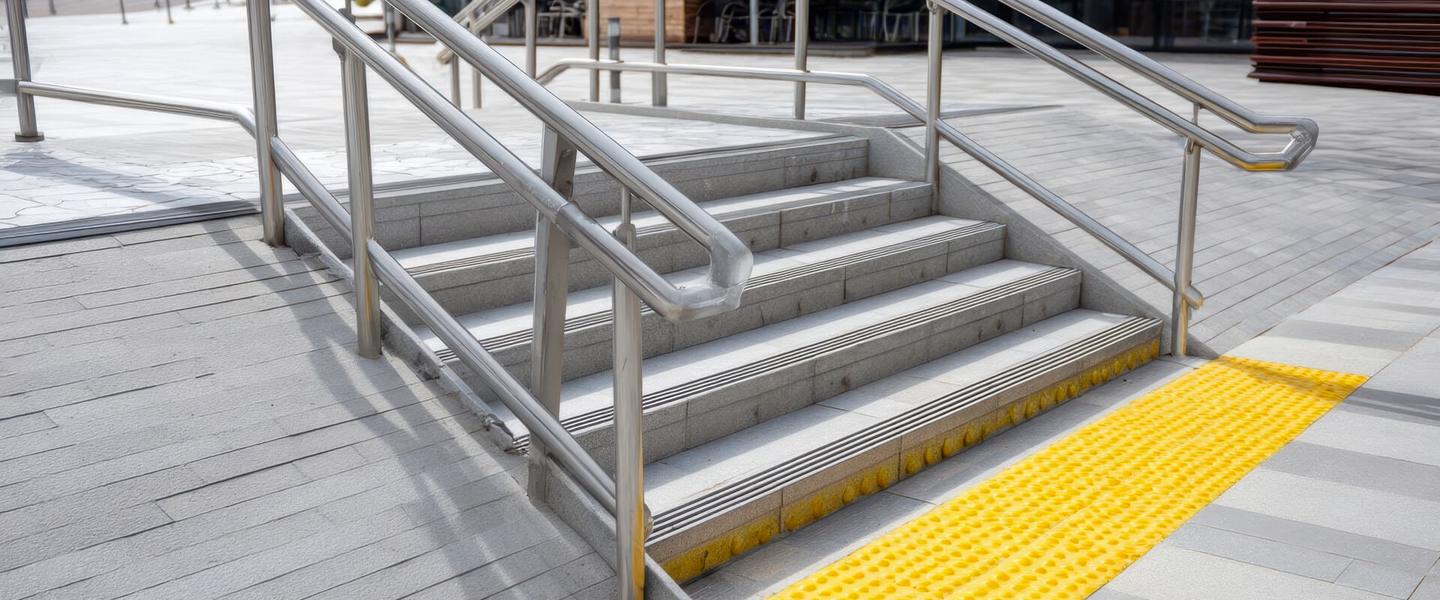 Accessible ramp and stairs with handrails and a tactile warning strip