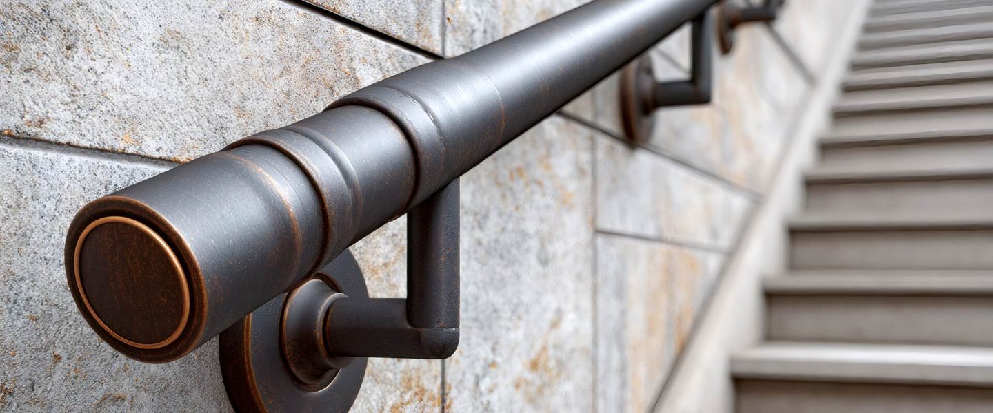Metal handrail along stone stairs, a building code compliance condition
