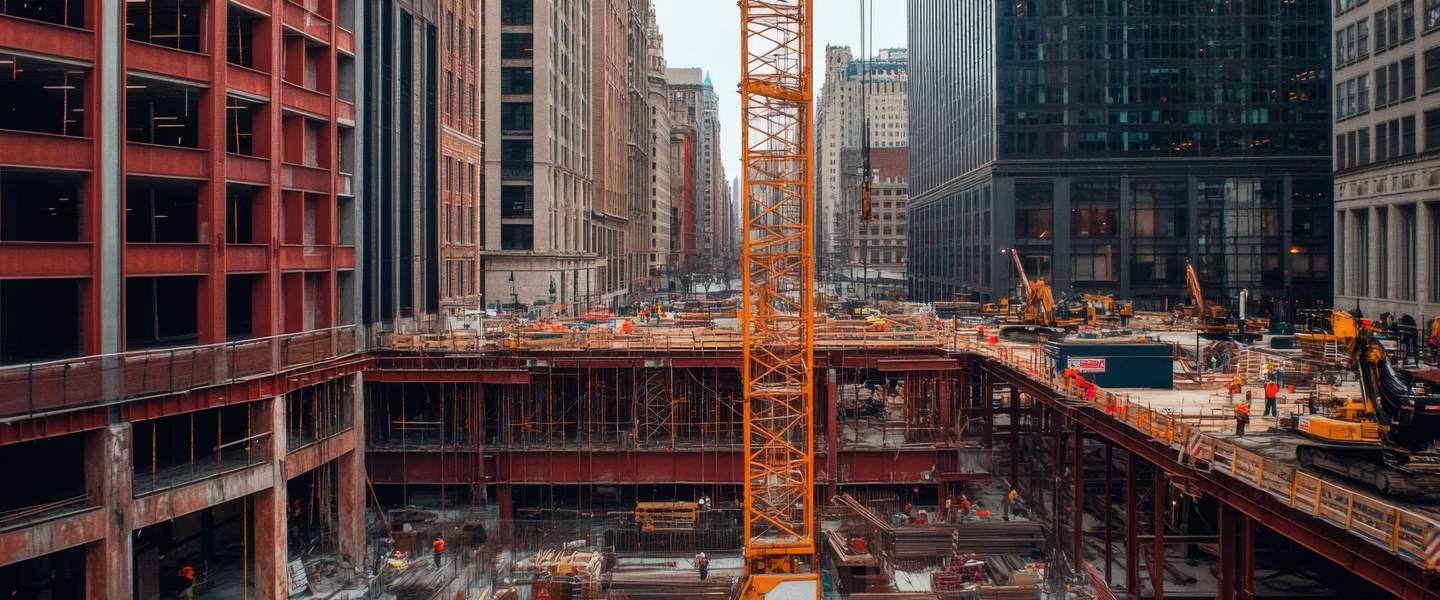 Downtown Chicago construction site with a crane and workers