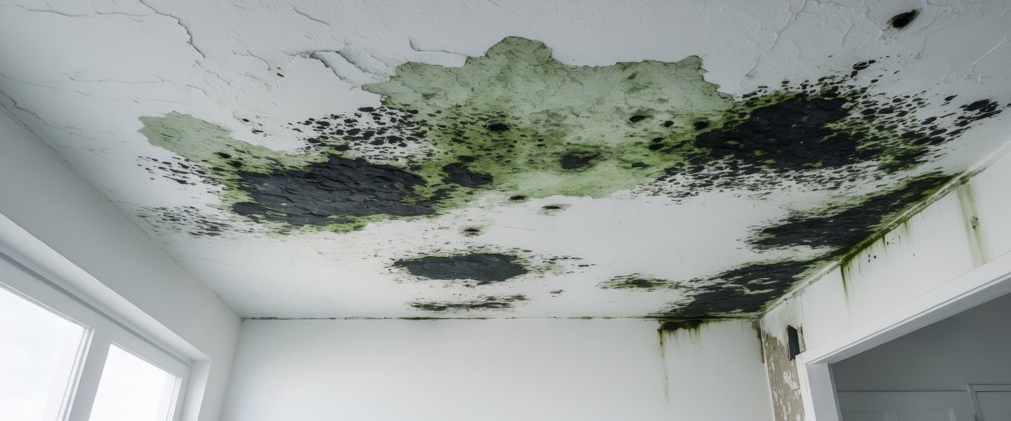 Black and green mold on a ceiling caused by a water leak