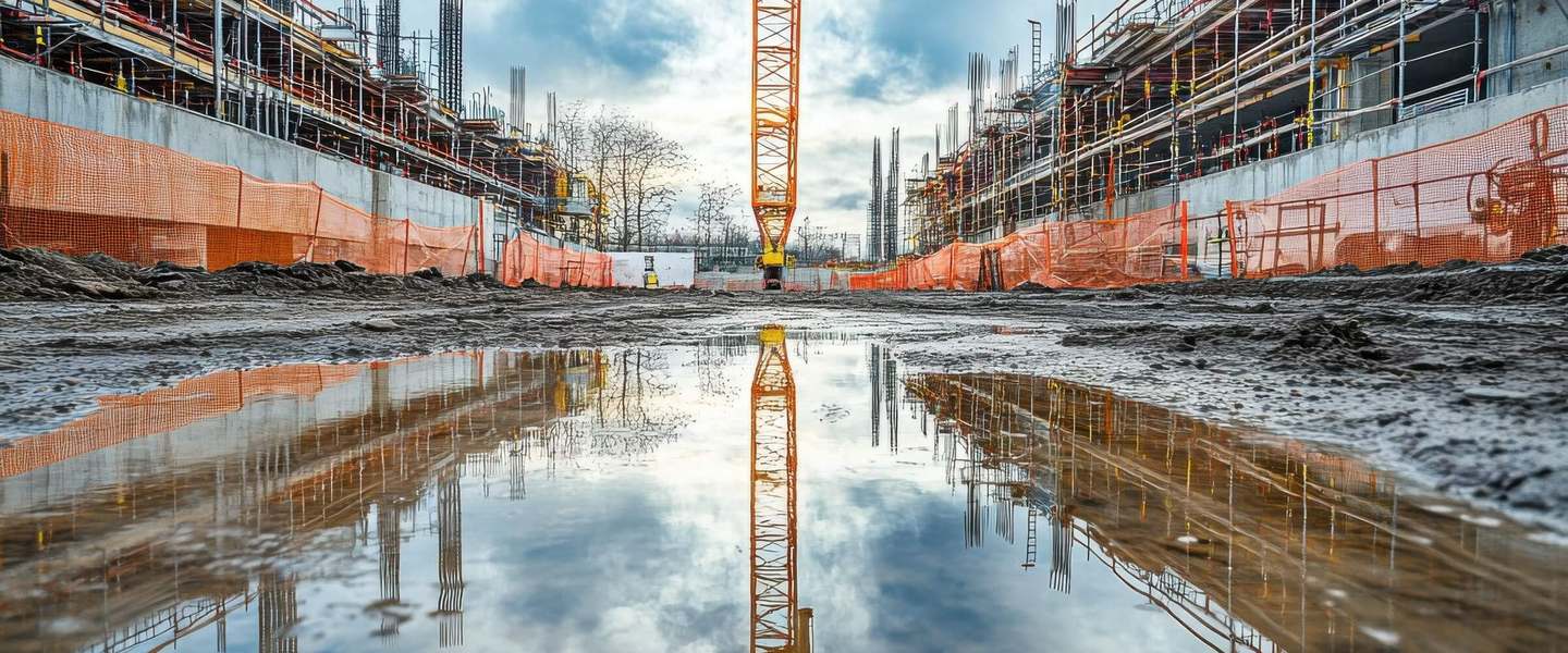 Active construction site with a tower crane reflected in water